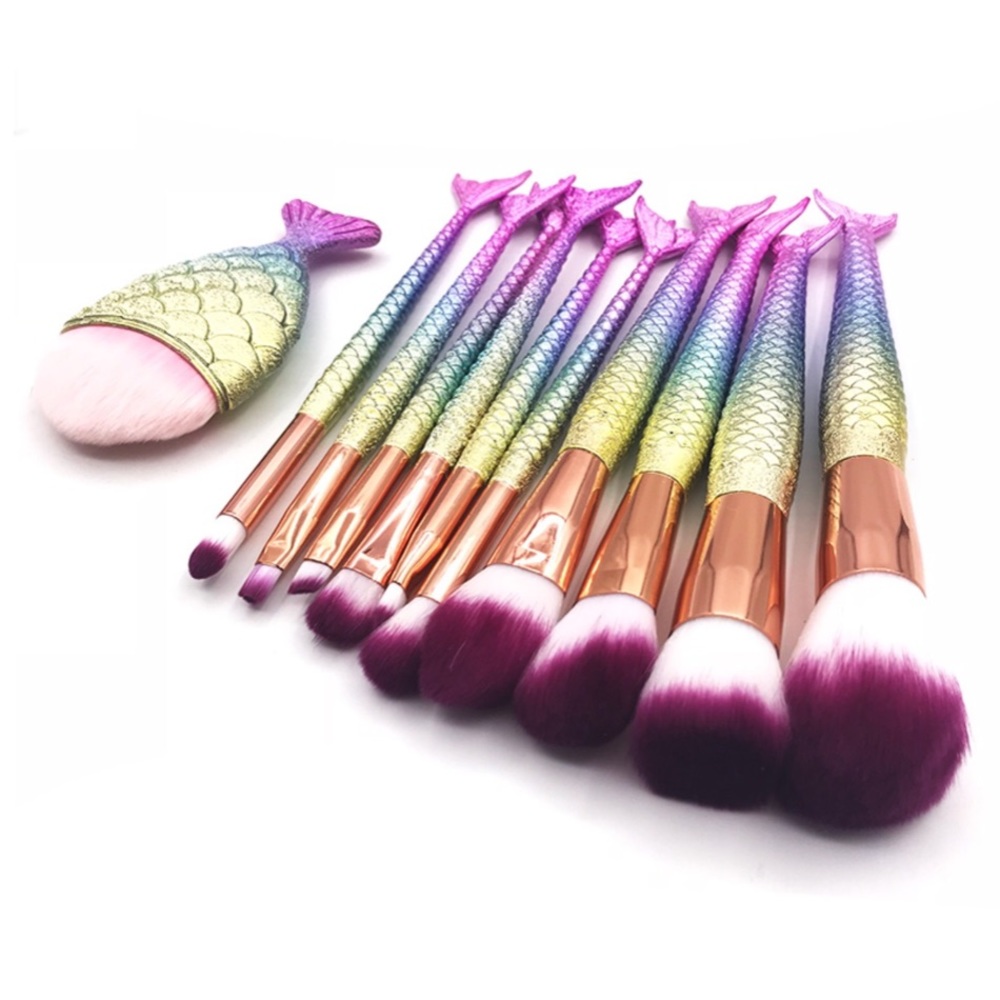 11 Pcs Mermaid Fishtail Makeup Brush Set w/ Bag - Picture 3 of 8